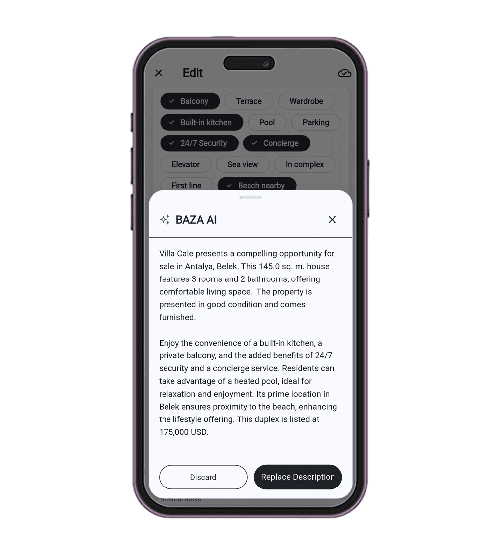 AI-generated listing description in BAZA
