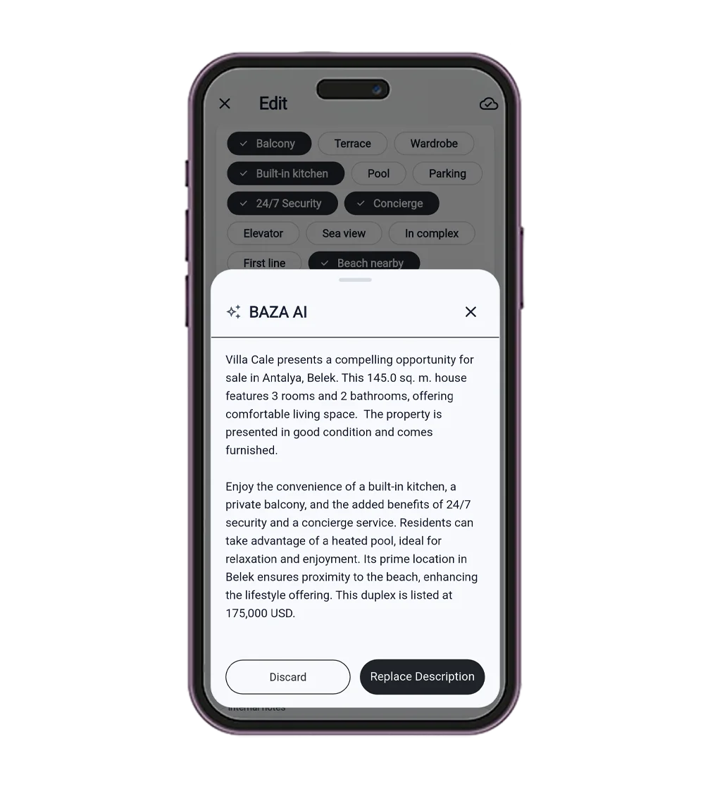 AI-generated listing description in BAZA