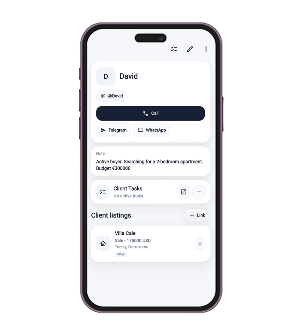 Client profile card in BAZA